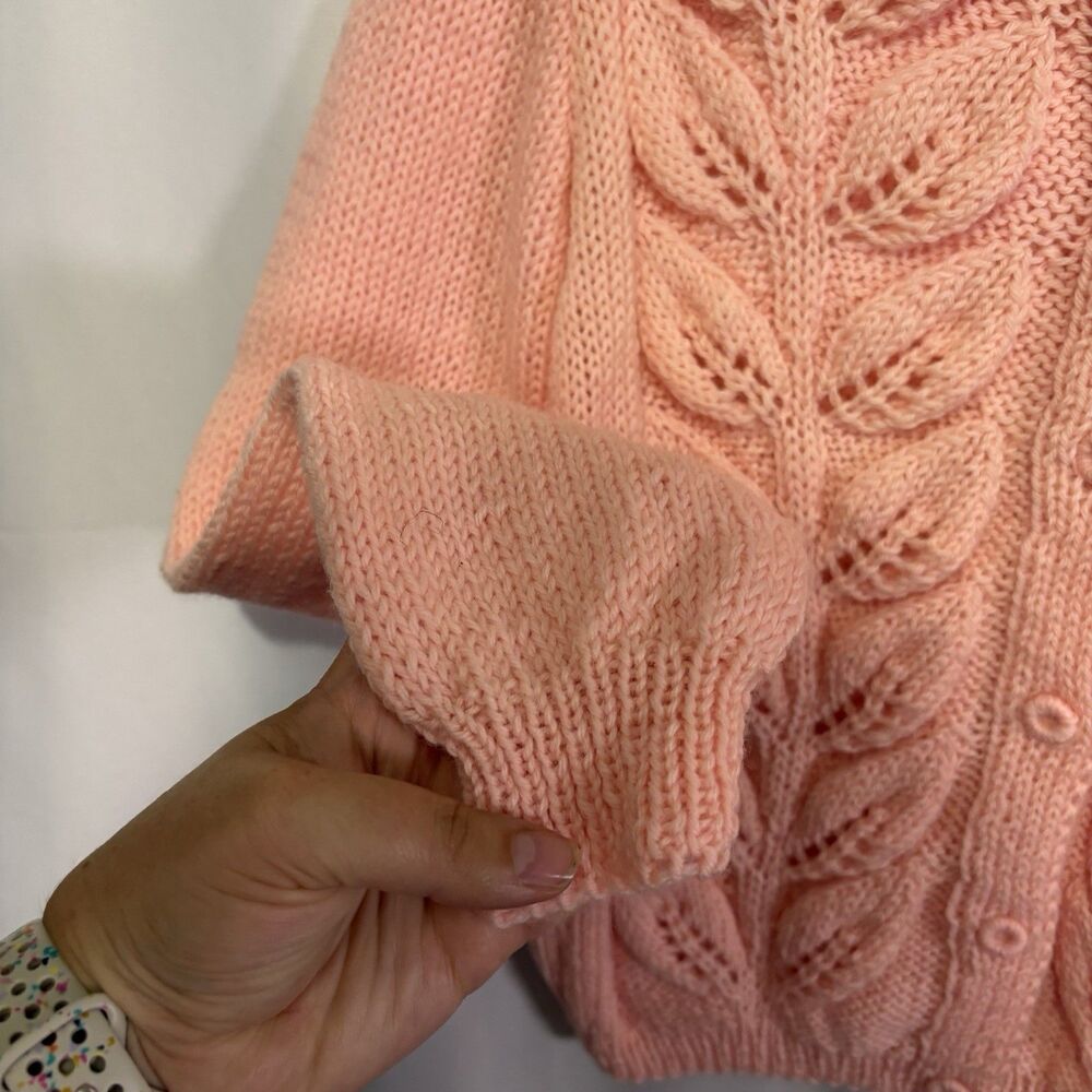Vintage Handmade By Hazel Peach Pink Leaf Cable Knit Cardigan Cottagecore M/L - Picture 5 of 7